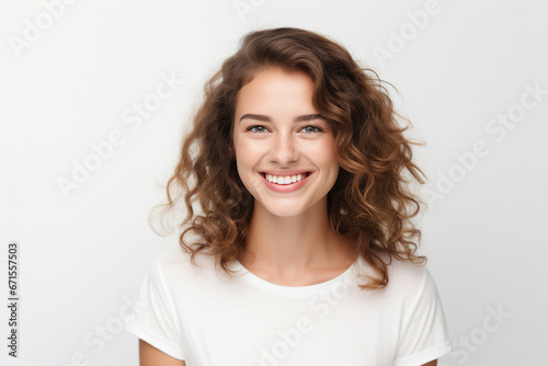 Generative AI illustration of young girl with curly hairdress beaming smiling over background