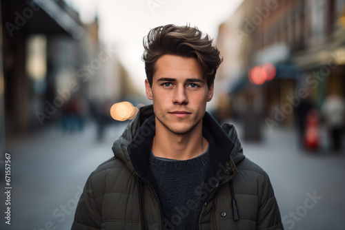 Generative ai technology portrait of attractive young man outdoors town city streets