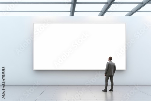 Businessman walking by long white blank poster mockup