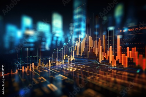 Glowing big data forex candlestick chart on blurry city background. Financial graph diagram. Currency and financial investment trade. Technology and analysis concept. Abstract cryptocurrency banner © ratatosk