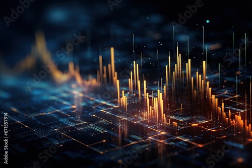 Glowing big data forex candlestick chart on blurry darkbackground. Financial graph diagram. Currency and financial investment trade. Technology and analysis concept. Abstract cryptocurrency banner