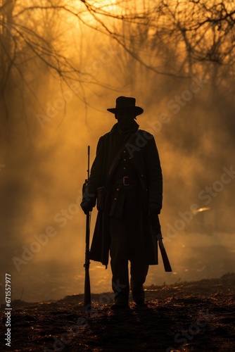 Soldier silhouette from the Civil War era period. Sunset in the battlefield. Fiery background. The Freedom War