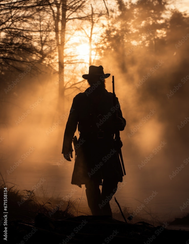 Civil war soldier silhouette. Sunset in the battlefield. Warm mist and fog.  The War of Northern Aggression