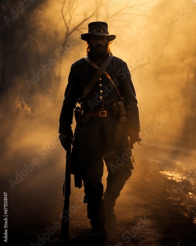 Civil war soldier silhouette. Sunset in the battlefield. Back light warm haze. The War Between the States photo