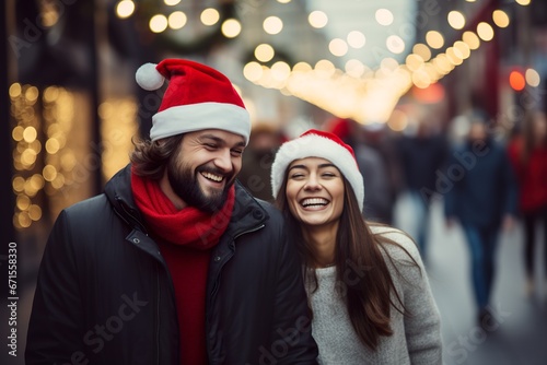 Young joyful couple wearing Santa caps celebrating Christmas in the outdoor