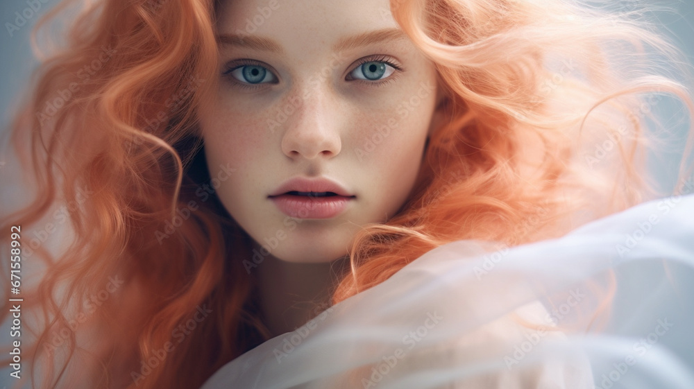 close-up portrait of a beautiful red-haired girl with long hair generativa IA
