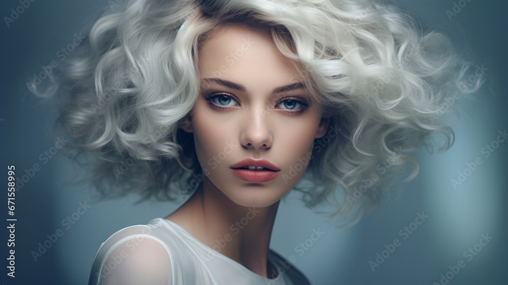Portrait of a beautiful young woman with blonde curly hair. Beauty, fashion. generativa IA