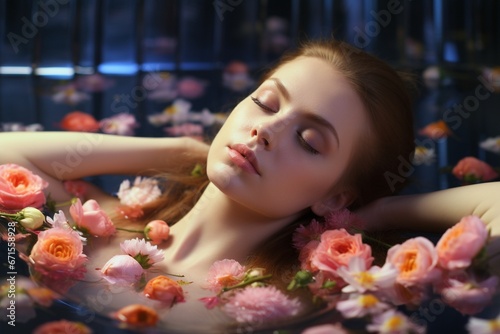 Relaxing in a Spa with Flowers - Young Woman Enjoying Bath Time