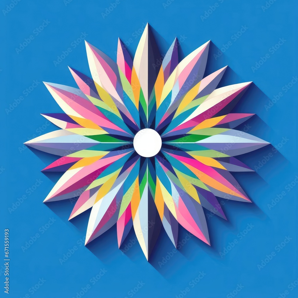 A colorful starburst pattern with blue, green, pink, purple, and yellow colors arranged in a radial pattern with a white center point on a solid blue background.