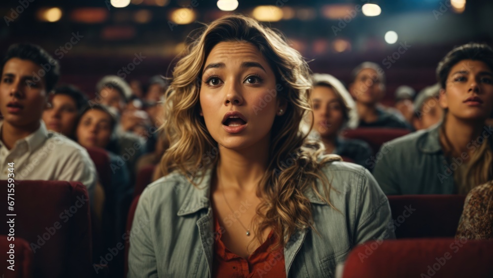 A young girl is very surprised in the cinema