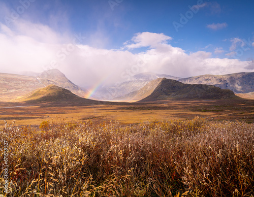 Rainbow over Vargebakkane in Jotunheim National Park in Norway