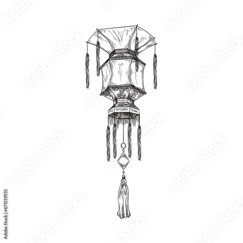Japanese lantern with decorative elements hand drawn sketch.