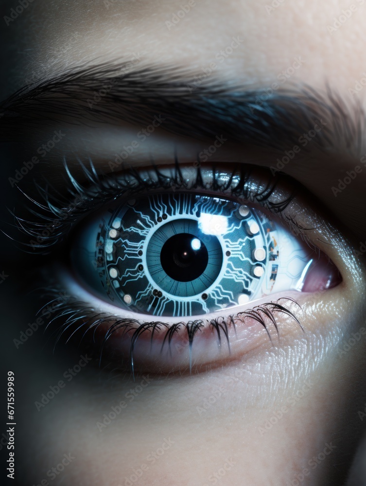 Fototapeta premium Modern cyber woman with technolgy eye looking. The young woman 's eye is close-up. The concept of the new technology is iris recognition.