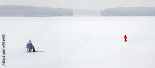 A serene winter landscape, where a dedicated angler braves the cold and the ice, immersing in the beauty of nature while fishing on a snow-covered lake. © EdNurg