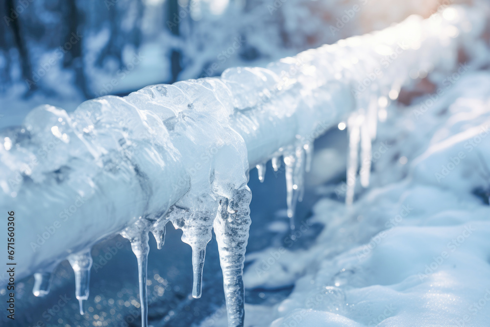 In the midst of a cold January day, sharp icicles hang from frozen water pipes - obrazy, fototapety, plakaty 