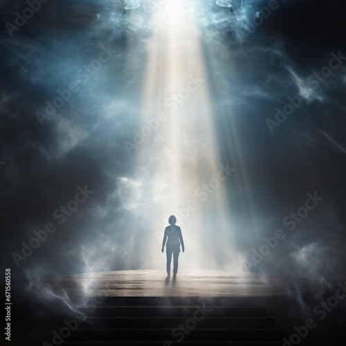 a person standing on a stairway leading to a light