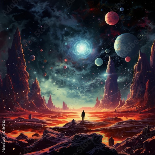a person standing in a red desert with planets and stars
