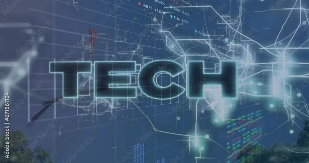 Animation of tech text and light trails over stock market data processing against blue sky Animation of tech text and light trails over stock market data processing against blue sky