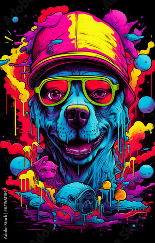 Colorful illustration poster for a Cute Dog in blue , yellow, shiny colors 