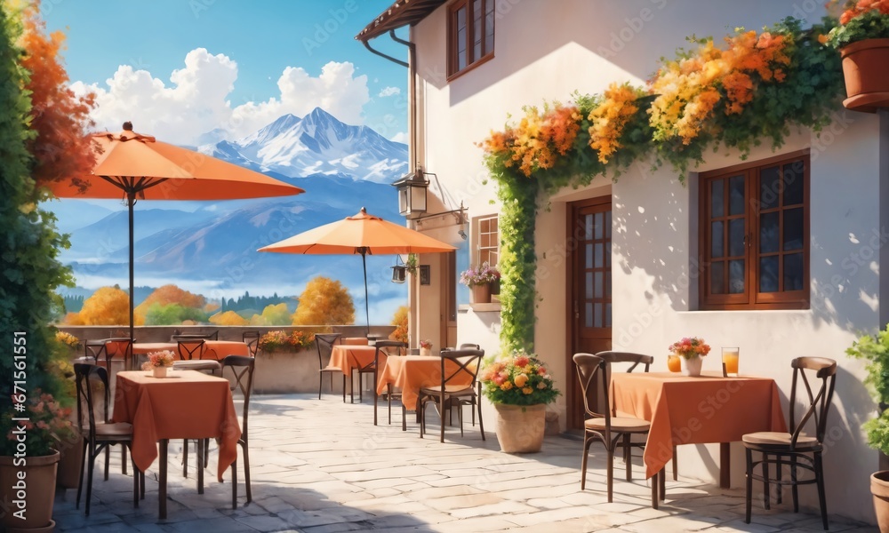 a painting of a patio with tables and chairs and a mountain view