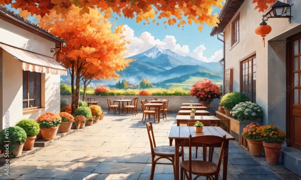 a painting of a patio with tables and chairs and a mountain view