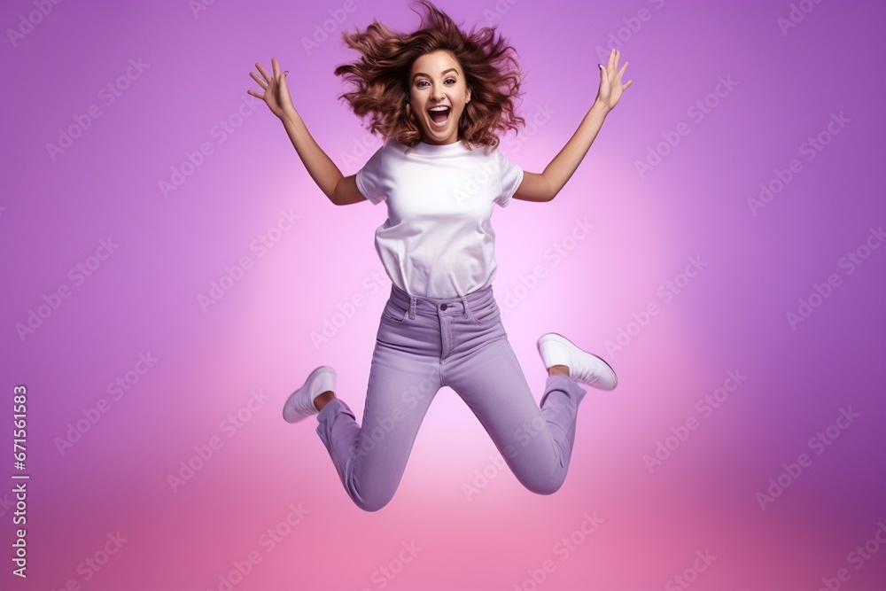 Cheerful Young Woman Jumping in Vivid Violet Studio