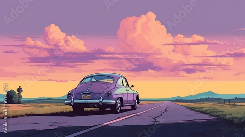 retro classic car and sunset