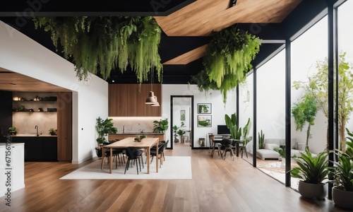 a modern building with cave, ceiling, lots of plants and room with wooden floor