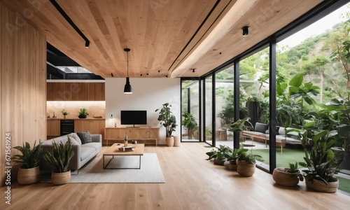 a modern building with cave  ceiling  lots of plants and room with wooden floor