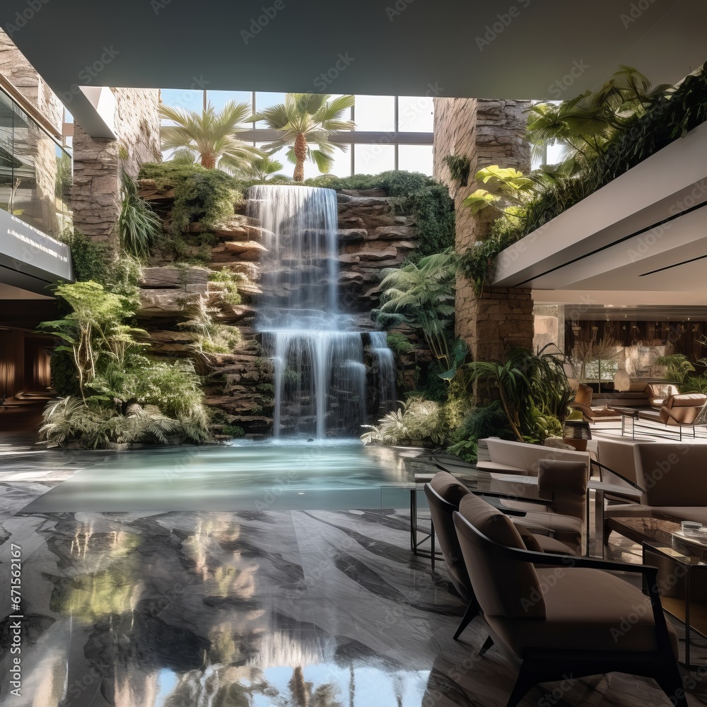 a room with a waterfall and a pool