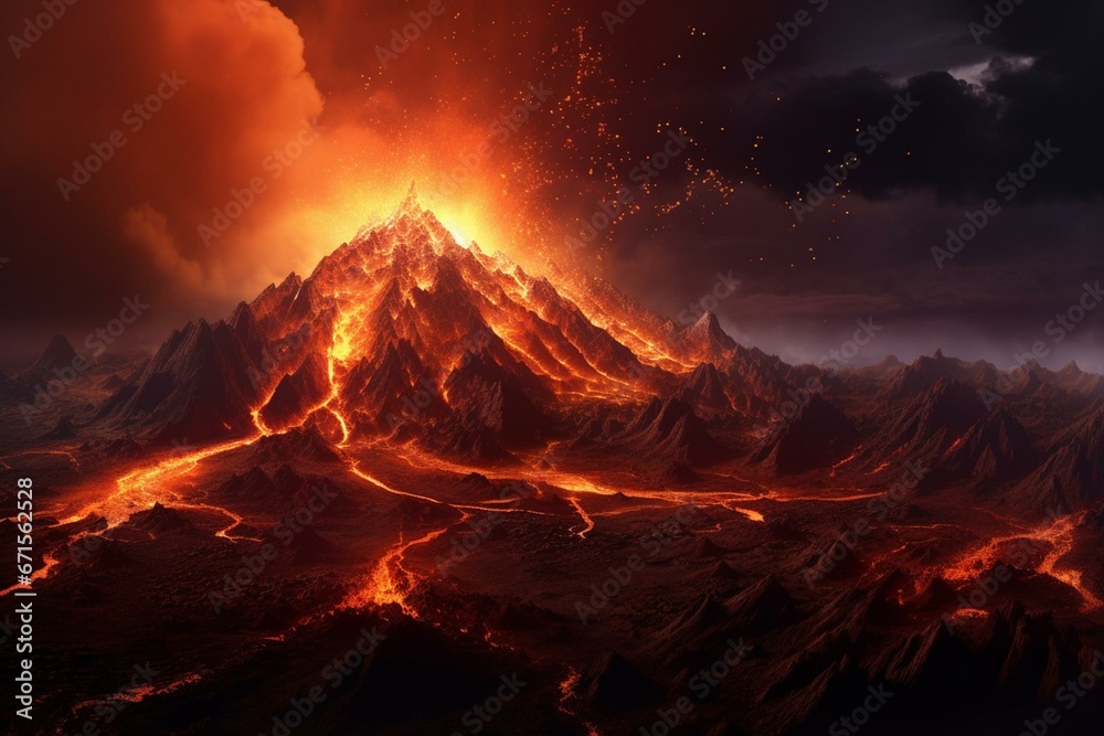 Fantasy night scenery featuring a volcanic eruption with glowing lava in a 3D illustration. Generative AI