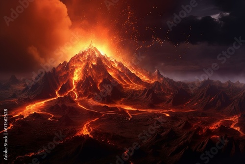 Fantasy night scenery featuring a volcanic eruption with glowing lava in a 3D illustration. Generative AI