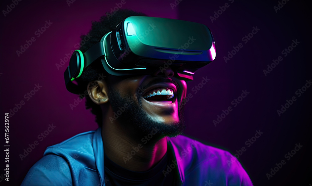 Man wearing a virtual reality helmet. Synthwave dark purple and light green, Man wearing a virtual reality helmet. Synthwave dark purple and light green,