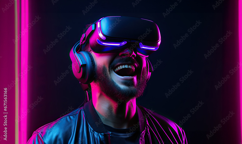 Man wearing a virtual reality helmet. Synthwave dark purple and light green, Man wearing a virtual reality helmet. Synthwave dark purple and light green,