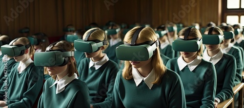 VR students in the classroom using vr headsets futuristic retro.