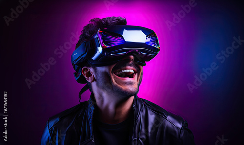 Man wearing a virtual reality helmet. Synthwave dark purple and light green, © Marharyta