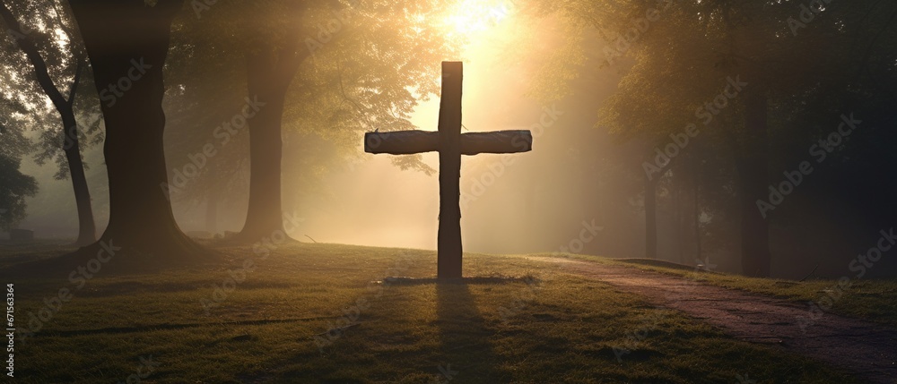 Morning Serenity with Jesus Christ's Cross in the Park