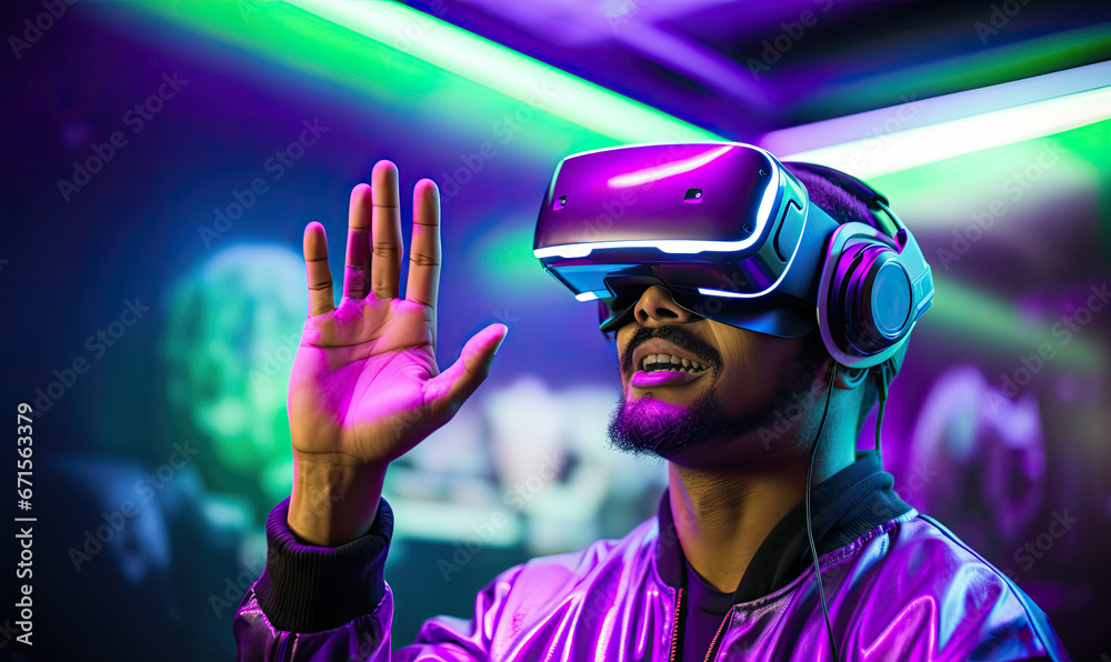 Man wearing a virtual reality helmet pointing his finger. Synthwave dark purple and light green, Man wearing a virtual reality helmet pointing his finger. Synthwave dark purple and light green,