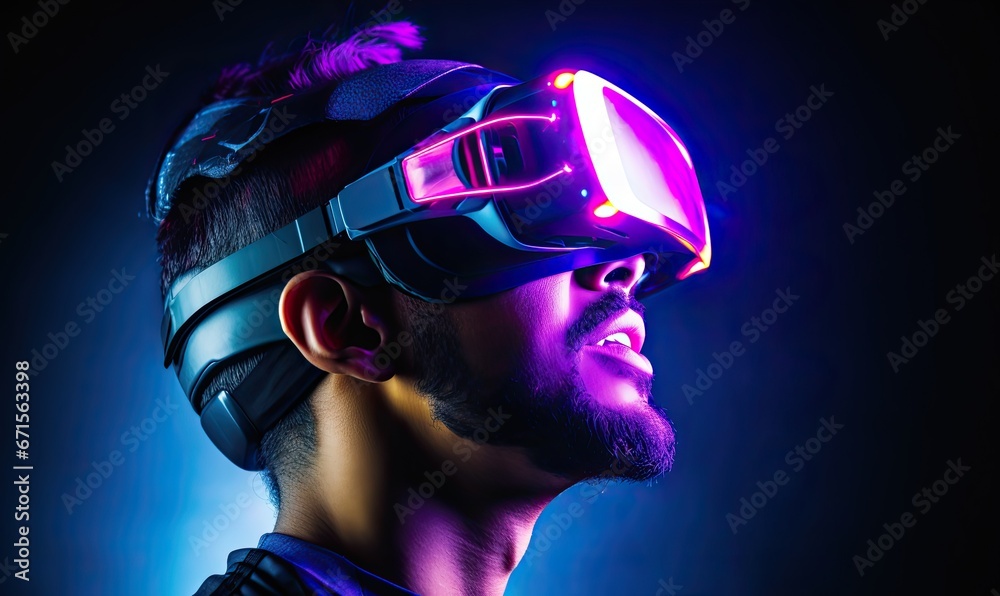 Man wearing a virtual reality helmet. Synthwave dark purple and light green, Man wearing a virtual reality helmet. Synthwave dark purple and light green,