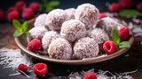 Coconut truffles with raspberries
