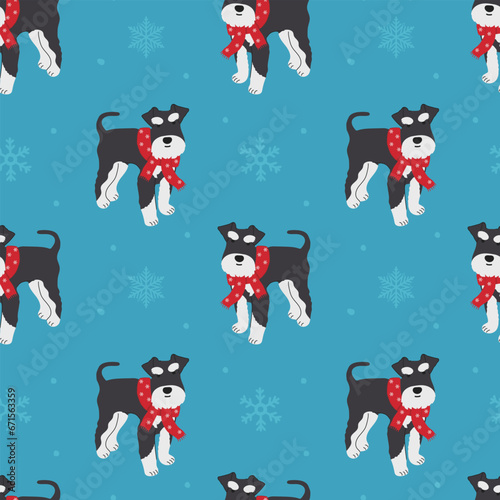 Seamless pattern with Christmas Miniature Schnauzer in hand drawn style. Background for wrapping paper, greeting cards and seasonal designs.