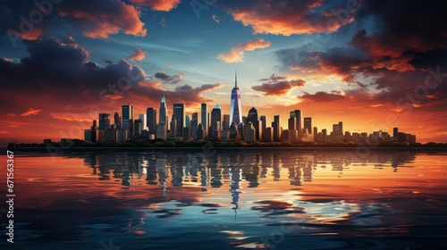 Sunset over city skyline with reflections in water  iconic tower and bridge in view.