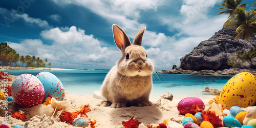 happy bunny with many easter eggs on grass festive background for decorative design Cute Easter bunny with Easter eggs on beach. Generative AI photo
