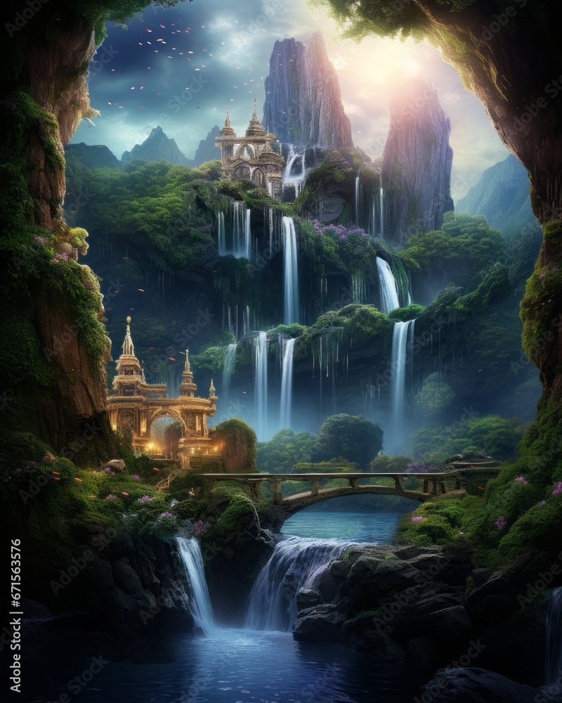 a waterfall and castle in a cave