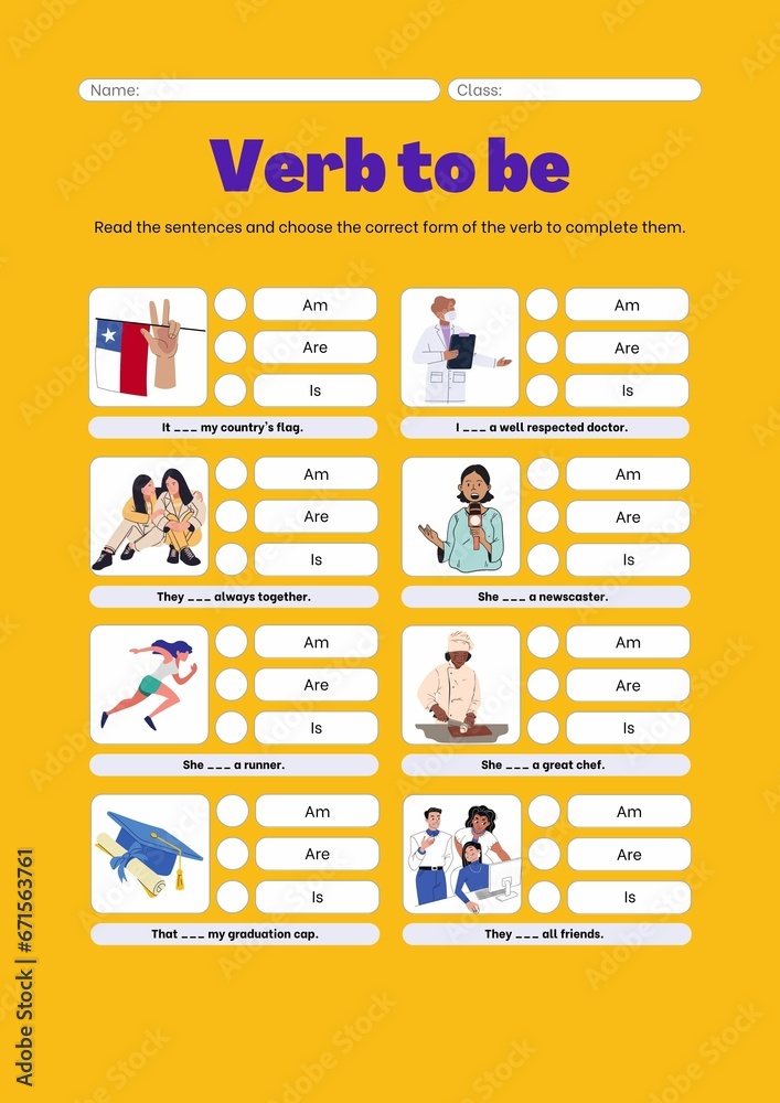 Yellow White Simple Illustrative Verb To Be Grammar Worksheet Stock