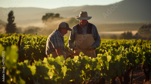 Two farmers working in vineyard under morning sunlight.