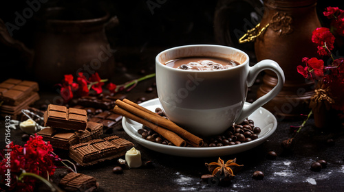 Composition with hot chocolate and ingredients.