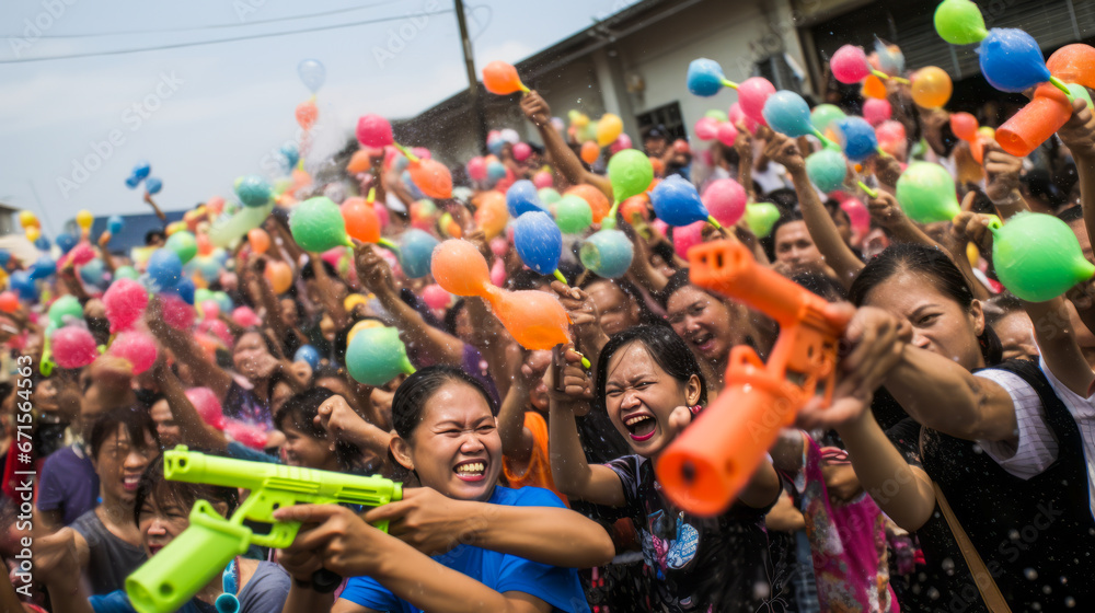 Fototapeta premium Crowds celebrating Thai New Year at Songkran Water Festival.