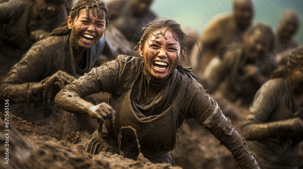 Mud-covered festival-goers at Boryeong Mud Festival, South Korea.