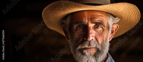 Picture depicting an elderly farmer wearing a hat made of straw